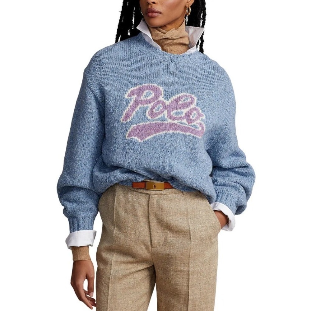 POLO RALPH LAUREN Logo Donegal Crewneck Sweater Blue Chunky Intarsia Pullover S
